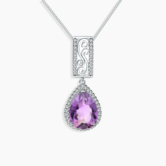 Amethyst Pear Cut Halo Necklace in Sterling Silver