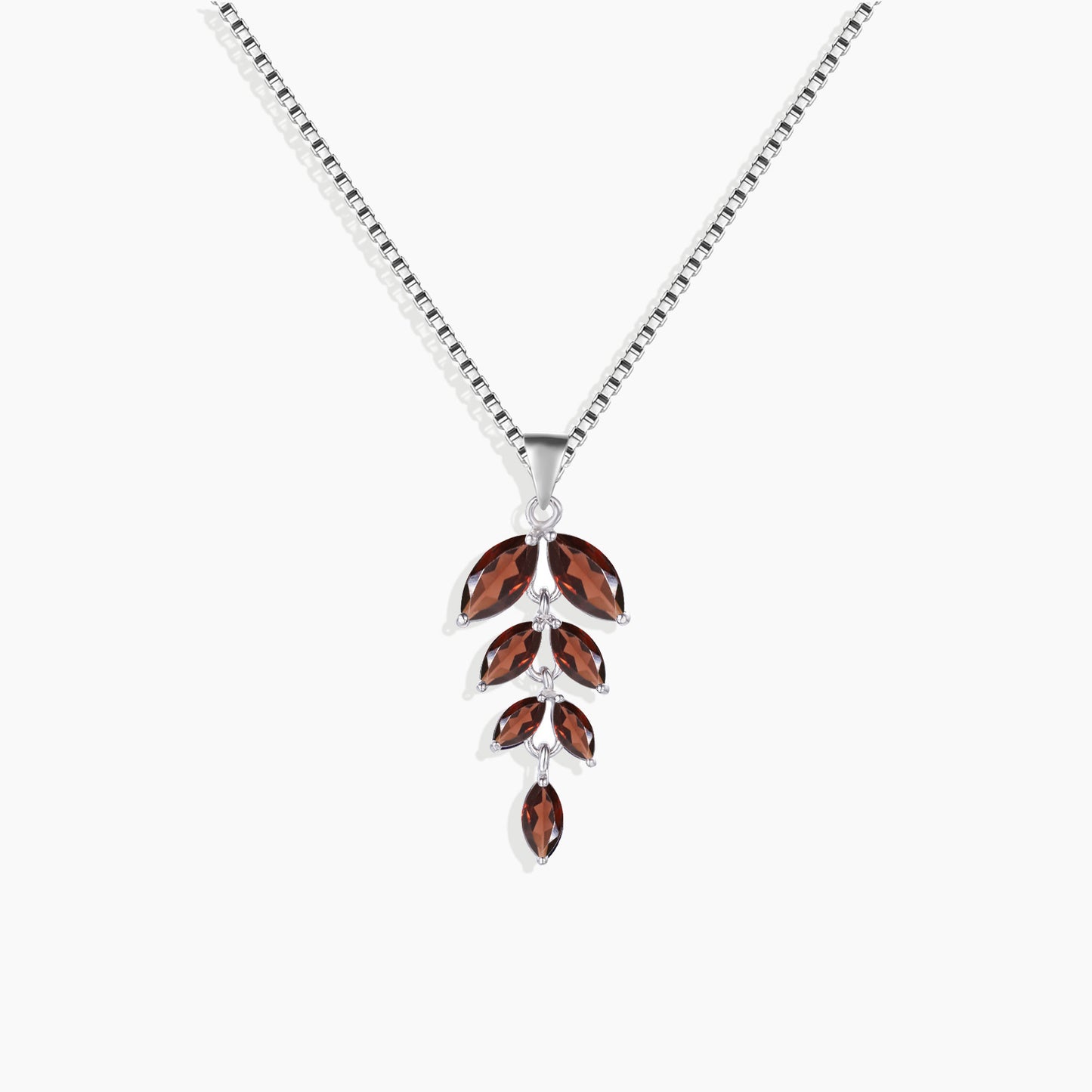 Garnet Leaf Pendant Necklace in Sterling Silver