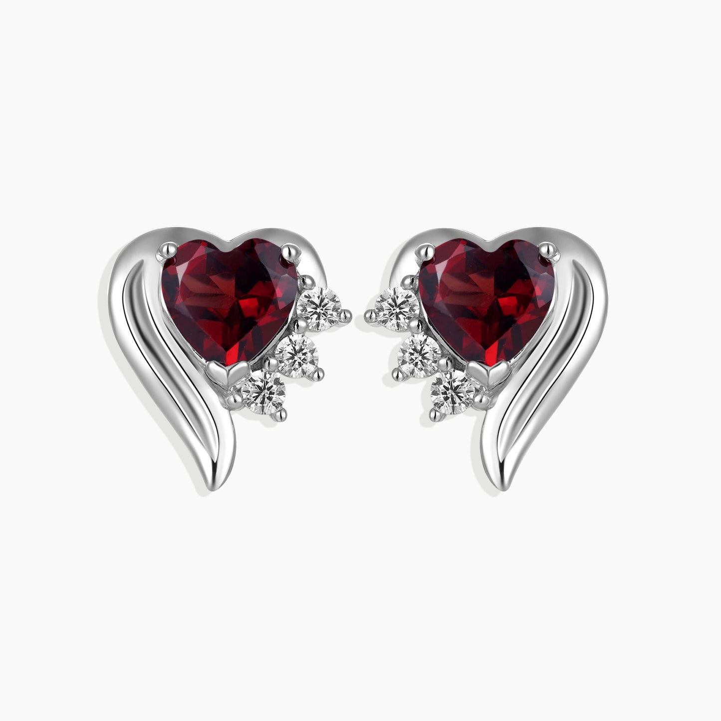 Garnet Heart Shape Stud Earrings in Sterling Silver