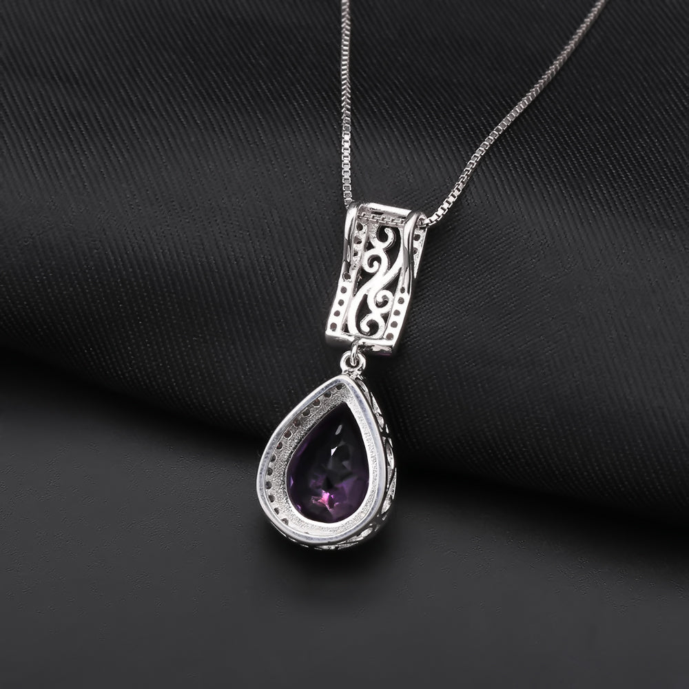 Amethyst Pear Cut Halo Necklace in Sterling Silver