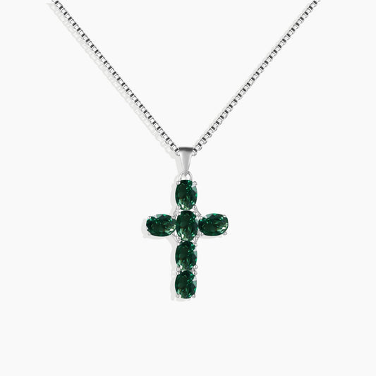 Cross Necklace in Sterling Silver -  Emerald