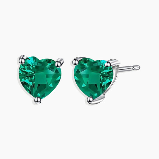 Heart Shape Stud Earrings in Sterling Silver -  Emerald