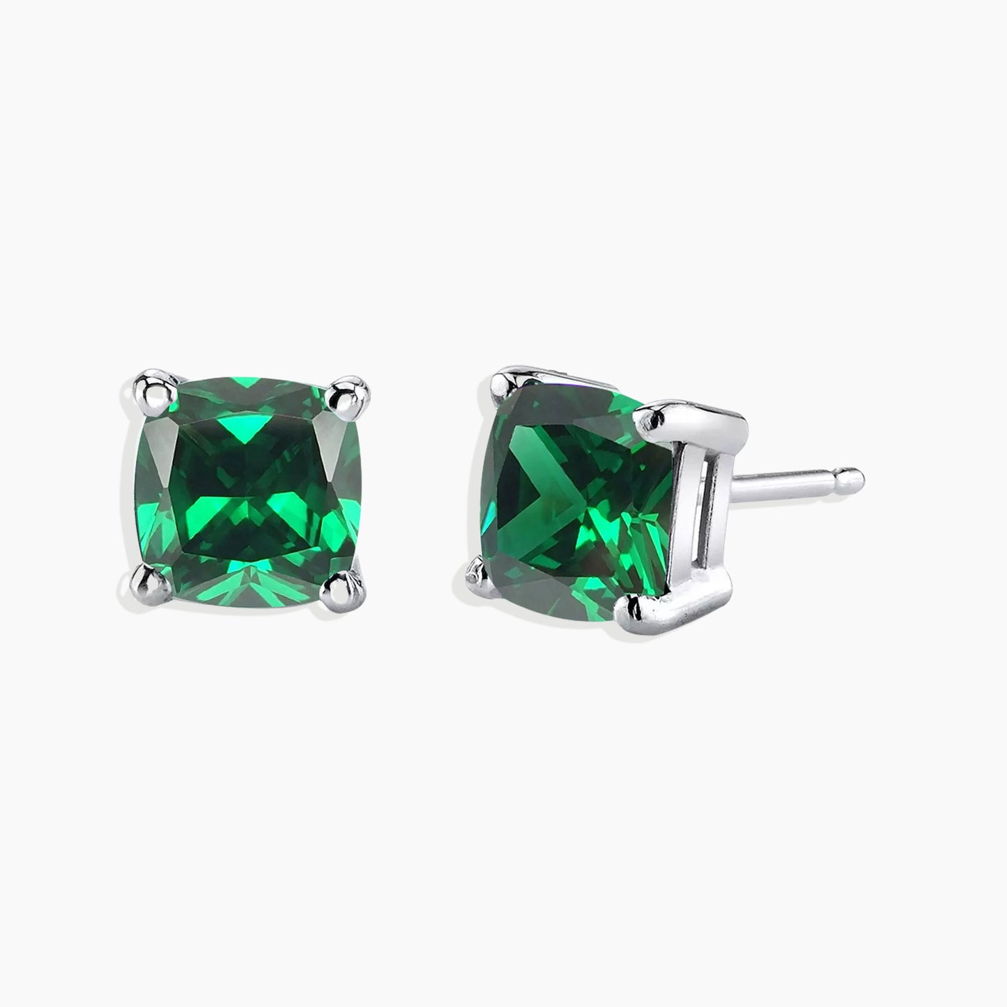 Cushion Cut Stud Earrings in Sterling Silver -  Emerald