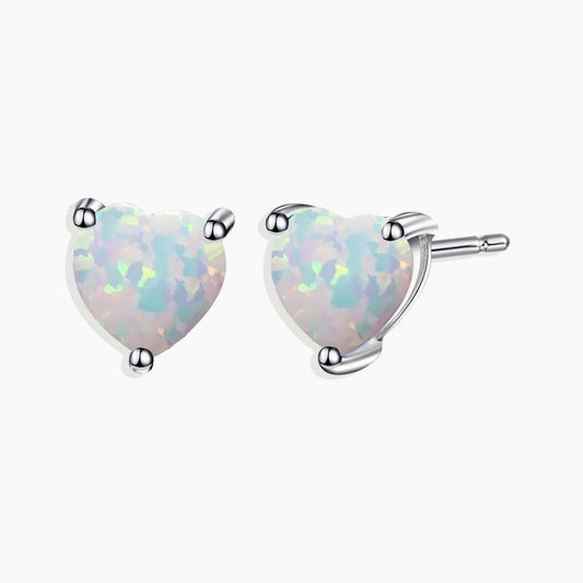 Heart Shape Stud Earrings in Sterling Silver -  Opal