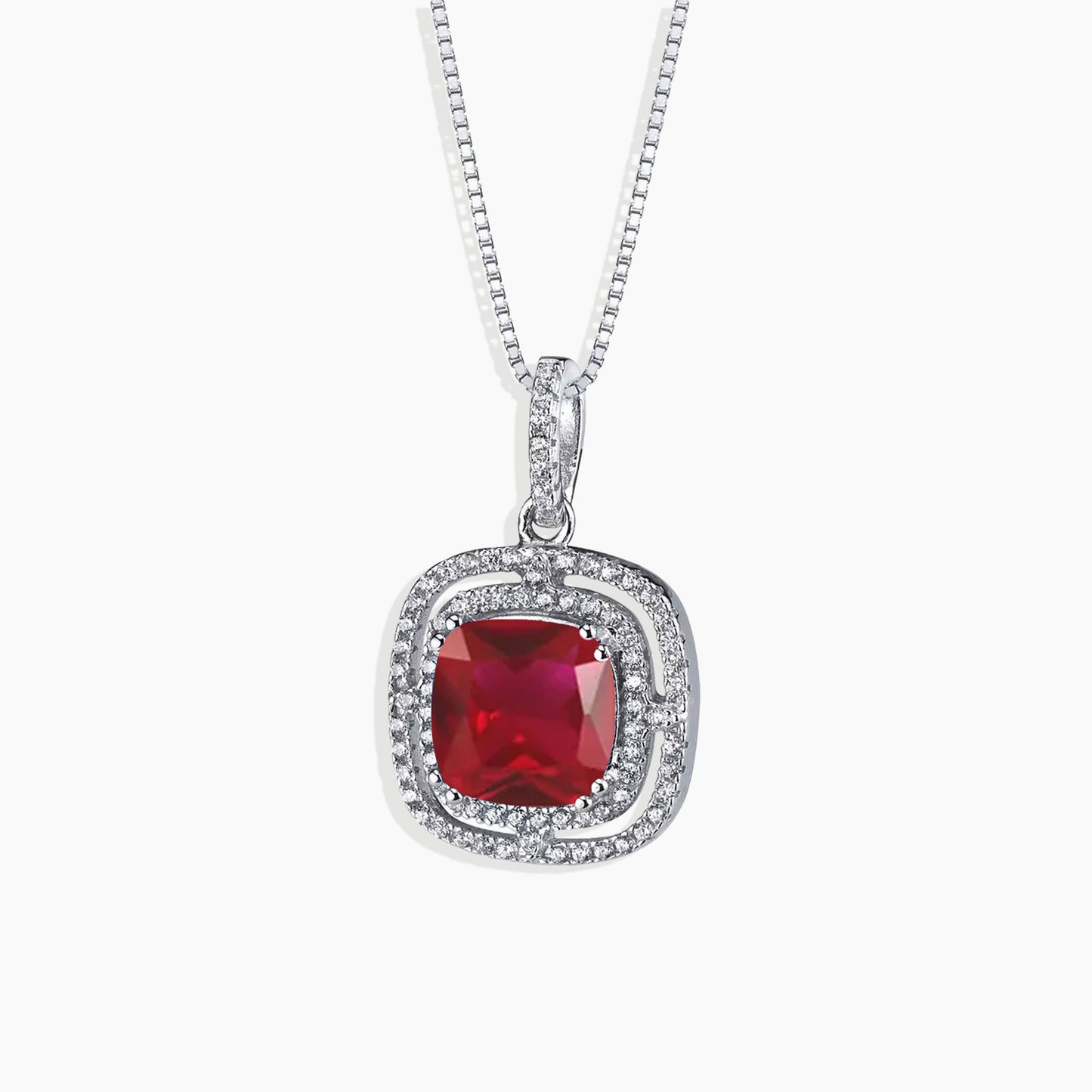 Ruby Cushion Cut Artistic Pendant Necklace in Sterling Silver