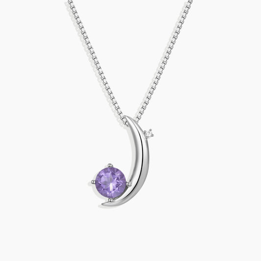 Amethyst Half Moon Pendant Necklace in Sterling Silver