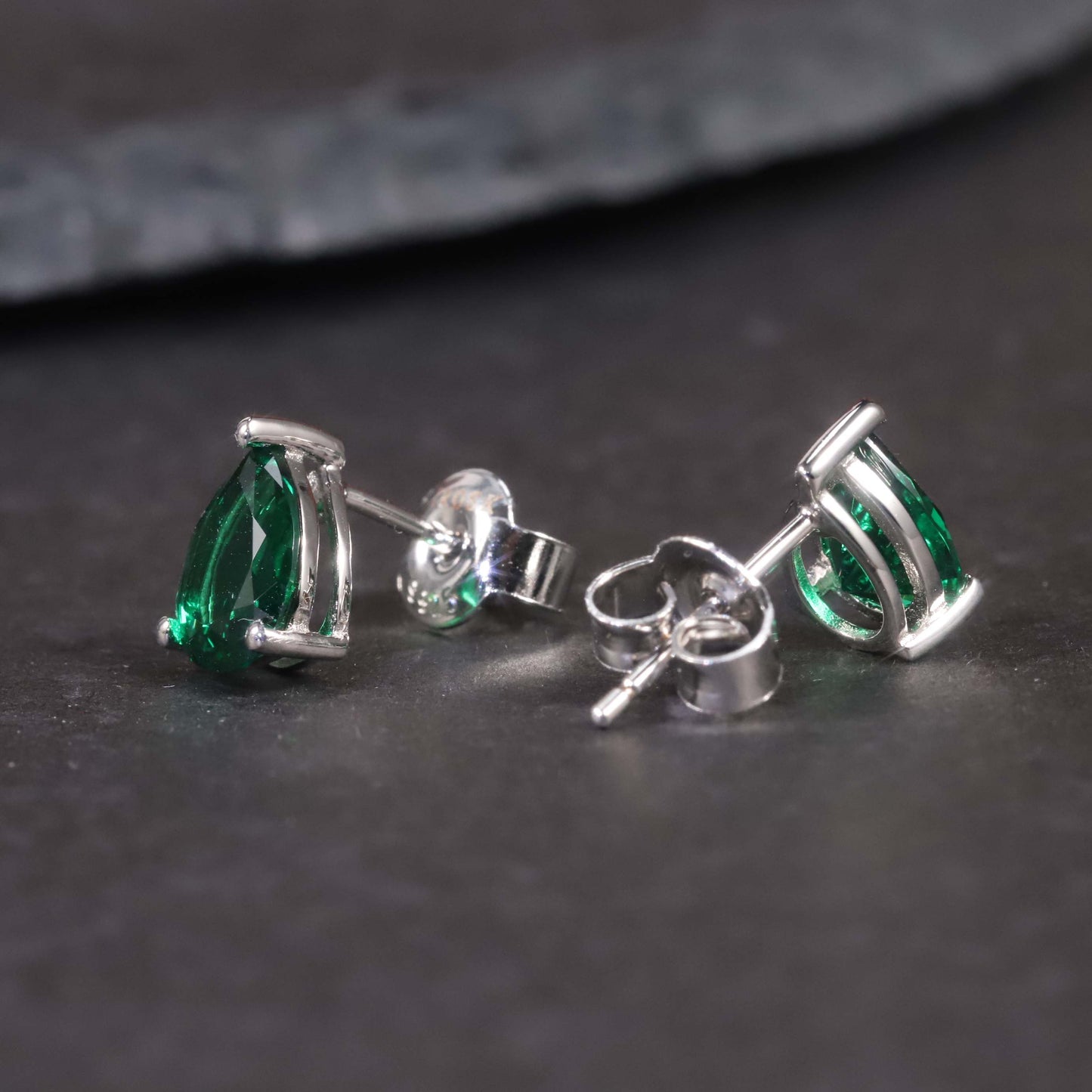 Pear Cut Stud Earrings in Sterling Silver -  Emerald