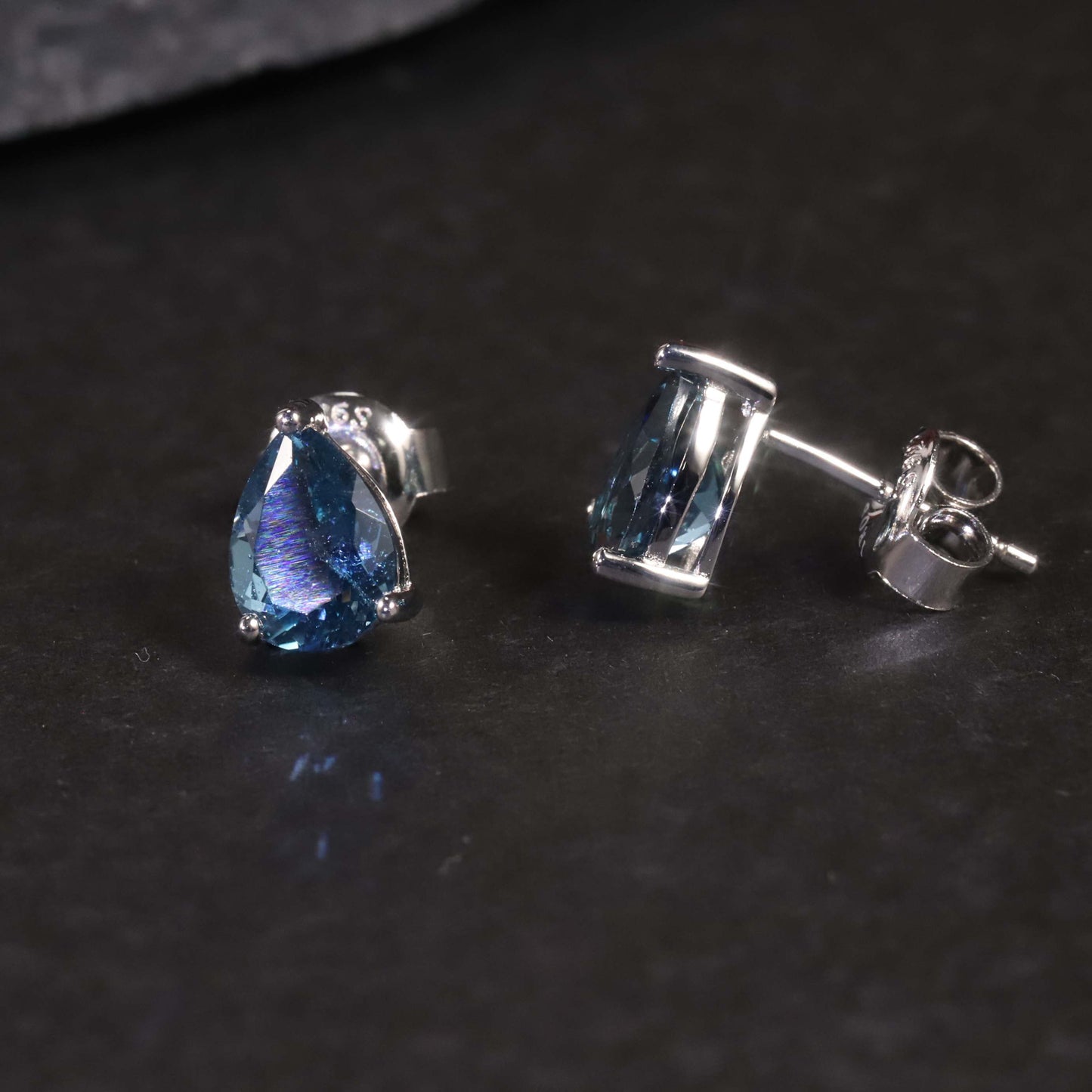 Pear Cut Stud Earrings in Sterling Silver -  London Blue Topaz