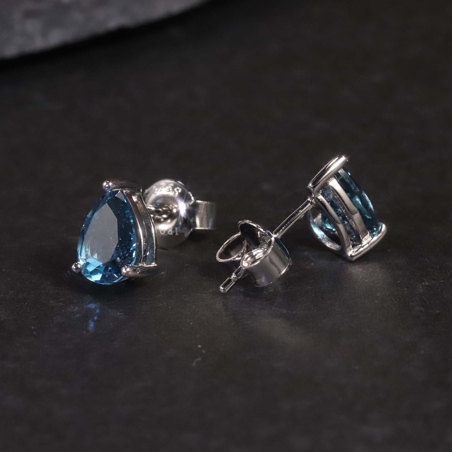 Pear Cut Stud Earrings in Sterling Silver -  London Blue Topaz