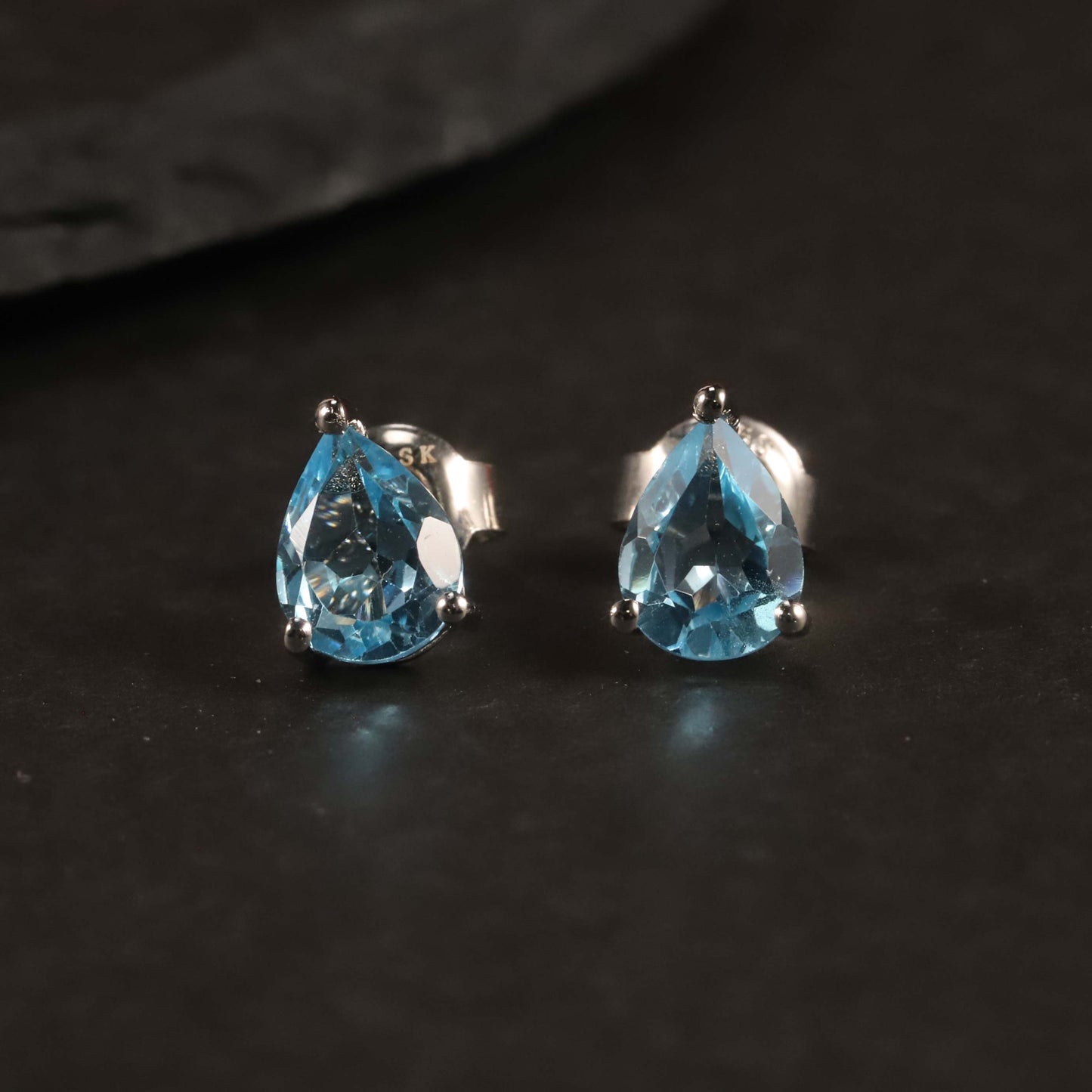 Pear Cut Stud Earrings in Sterling Silver -  Swiss Blue Topaz
