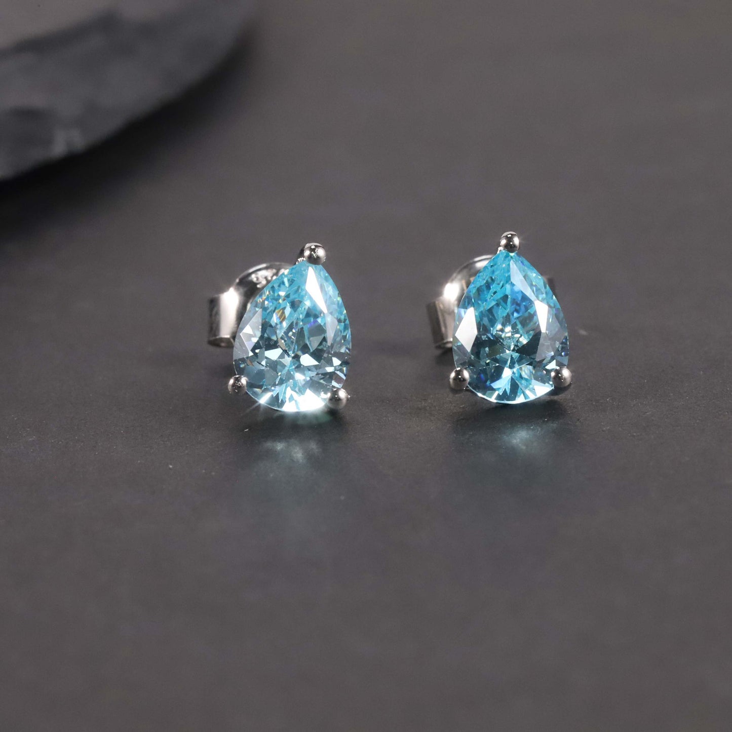 Pear Cut Stud Earrings in Sterling Silver -  Aquamarine