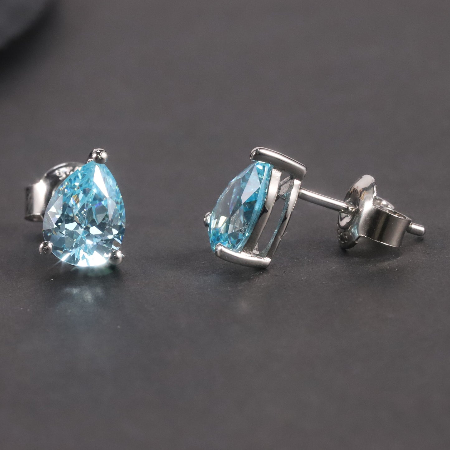 Pear Cut Stud Earrings in Sterling Silver -  Aquamarine