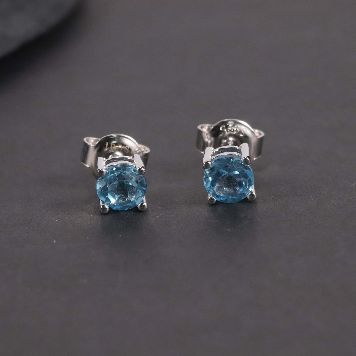 Round Cut Stud Earrings in Sterling Silver -  Aquamarine