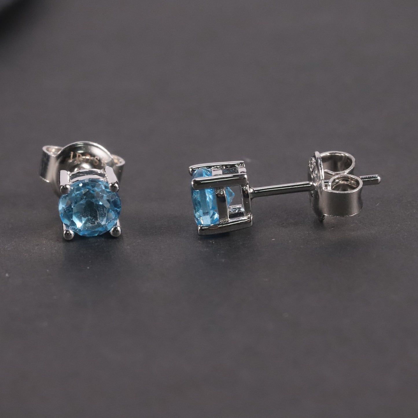 Round Cut Stud Earrings in Sterling Silver -  Swiss Blue Topaz