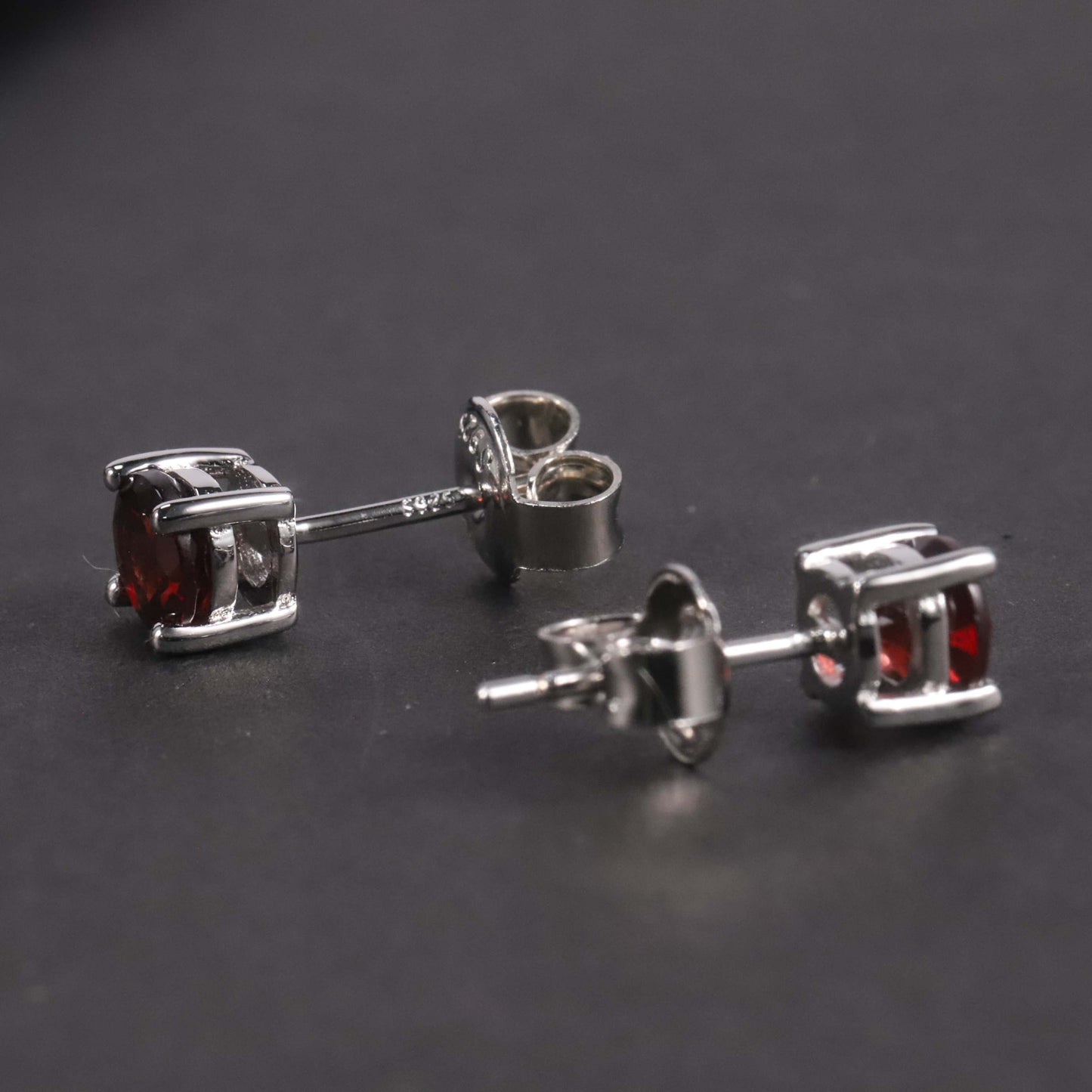 Round Cut Stud Earrings in Sterling Silver -  Garnet