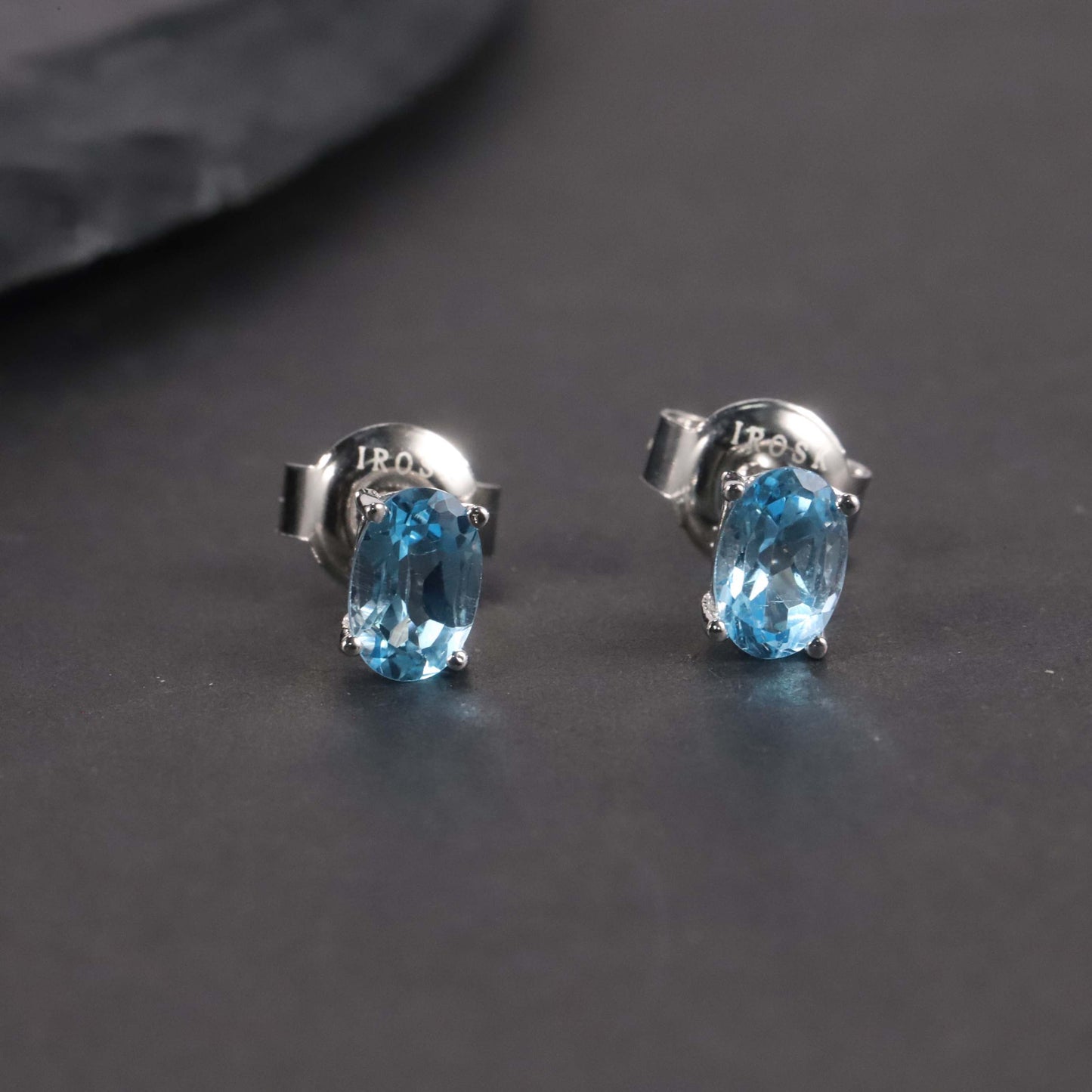 Oval Cut Stud Earrings in Sterling Silver -  Swiss Blue Topaz