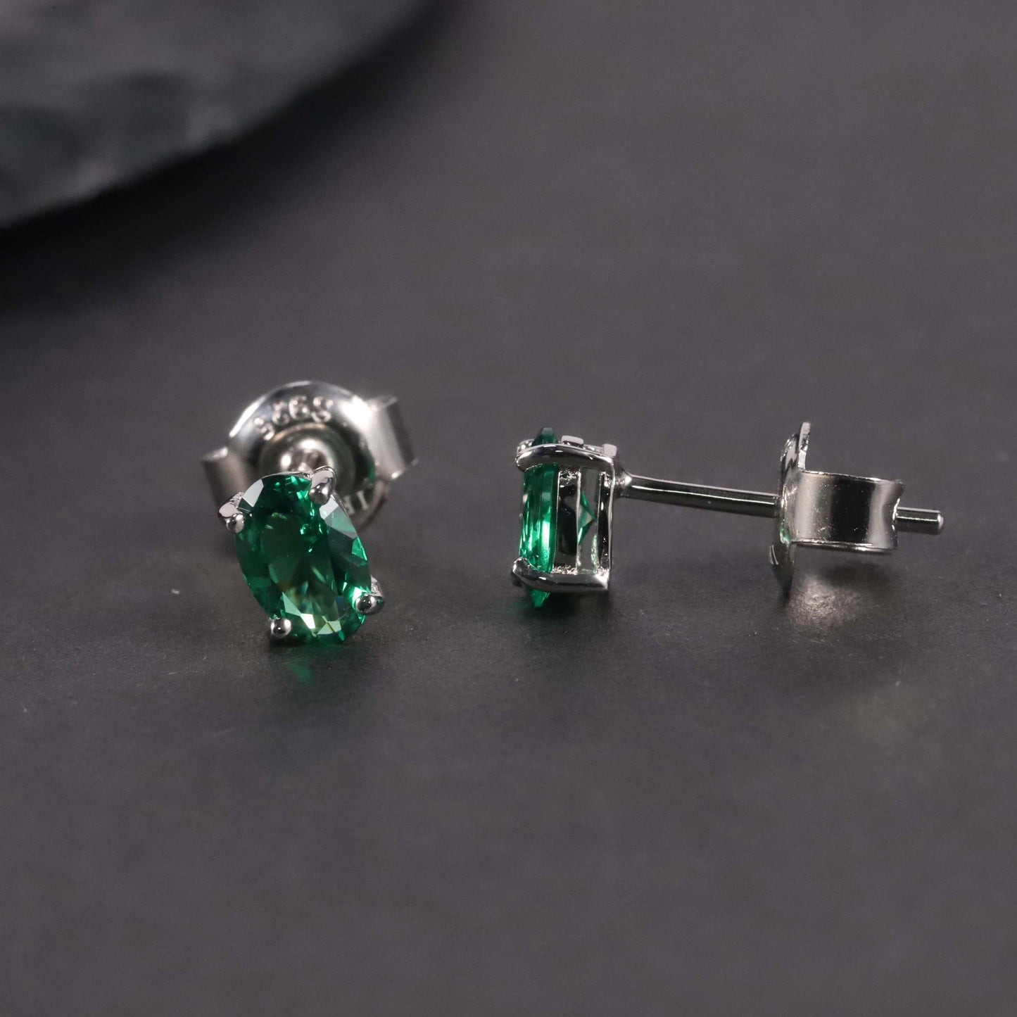 Oval Cut Stud Earrings in Sterling Silver -  Emerald