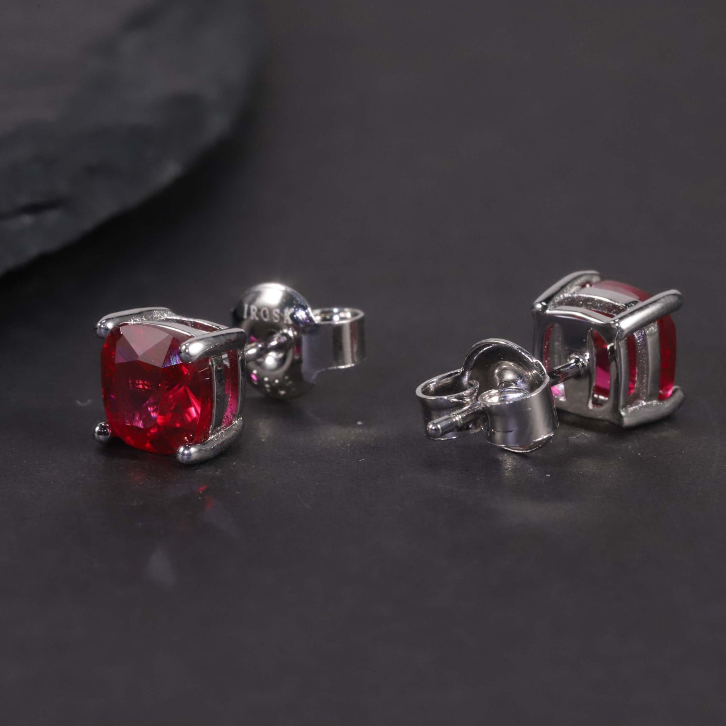 Cushion Cut Stud Earrings in Sterling Silver -  Ruby