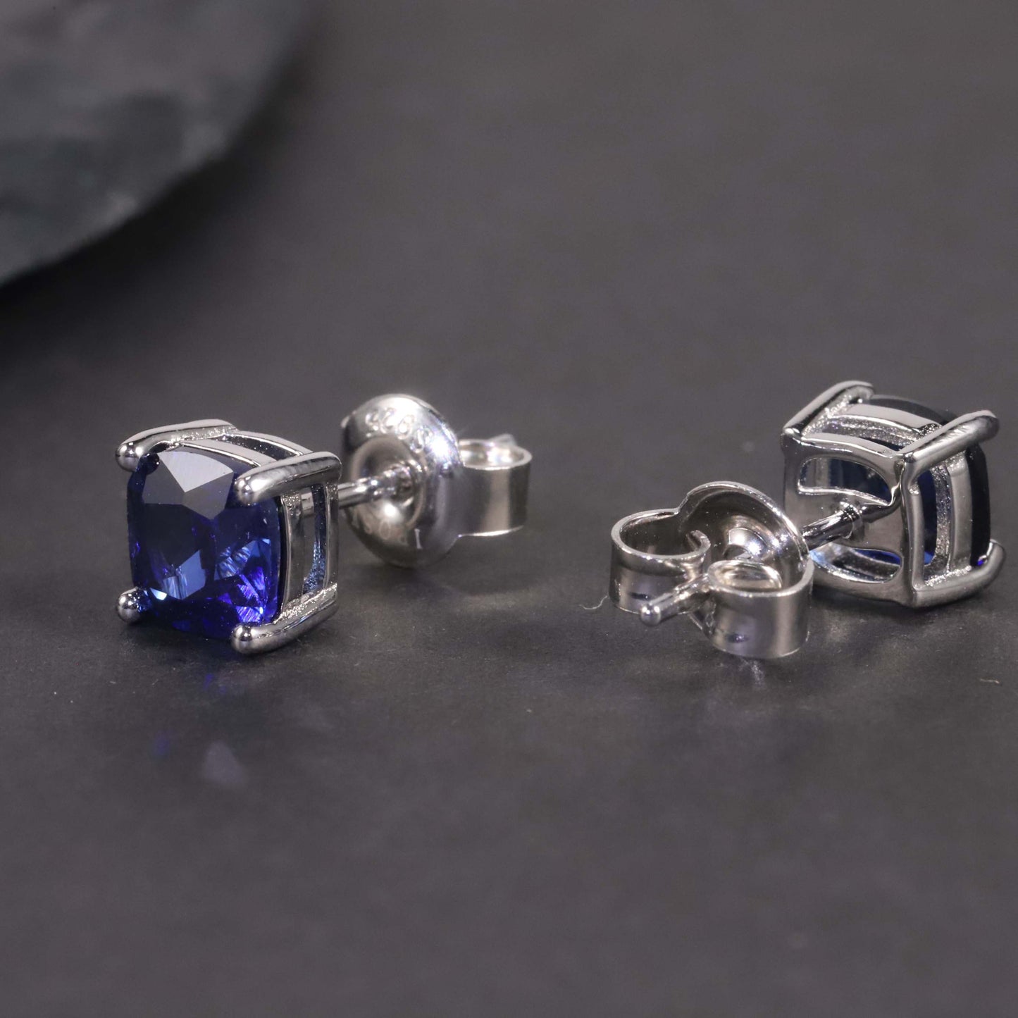 Cushion Cut Stud Earrings in Sterling Silver -  Sapphire