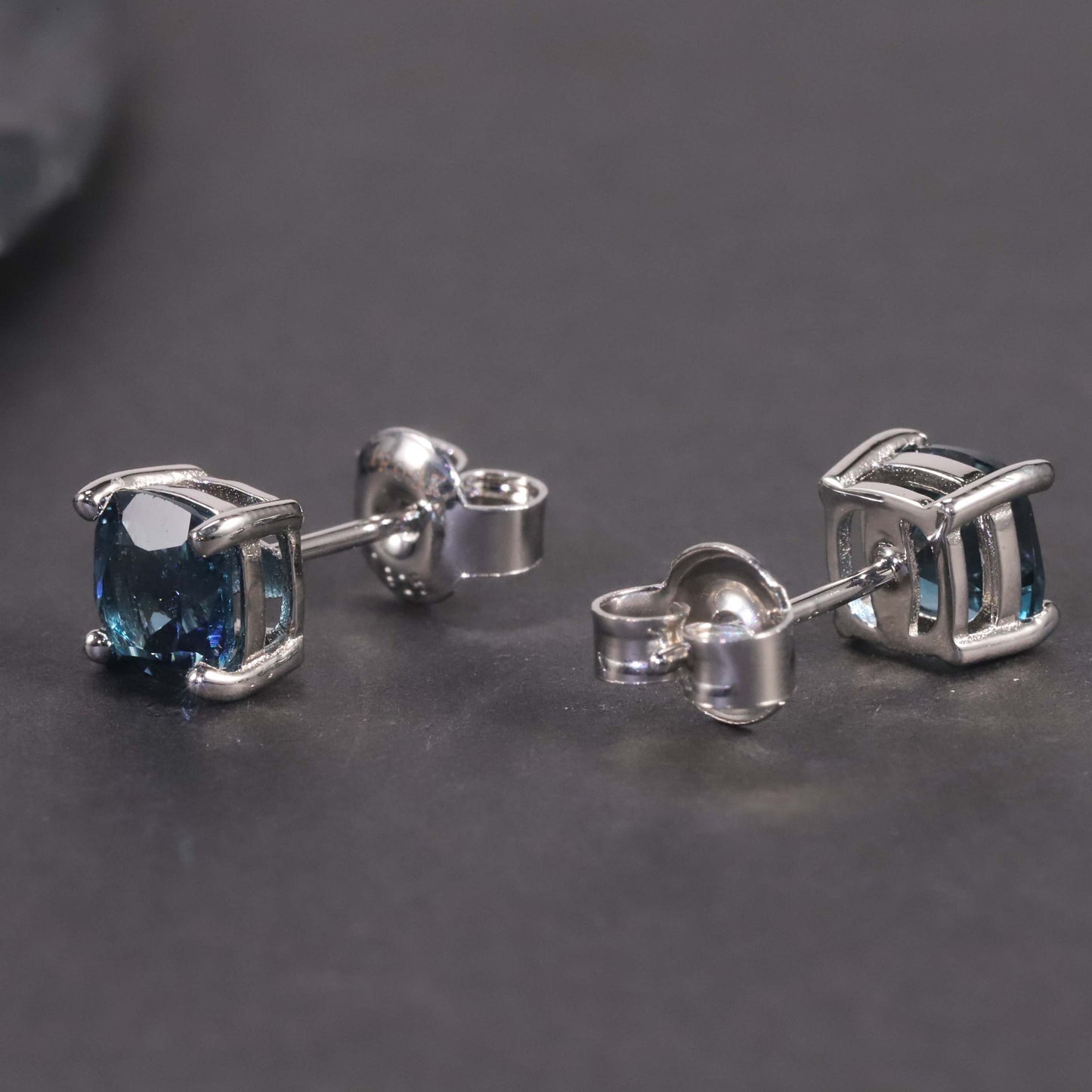 Cushion Cut Stud Earrings in Sterling Silver -  London Blue Topaz