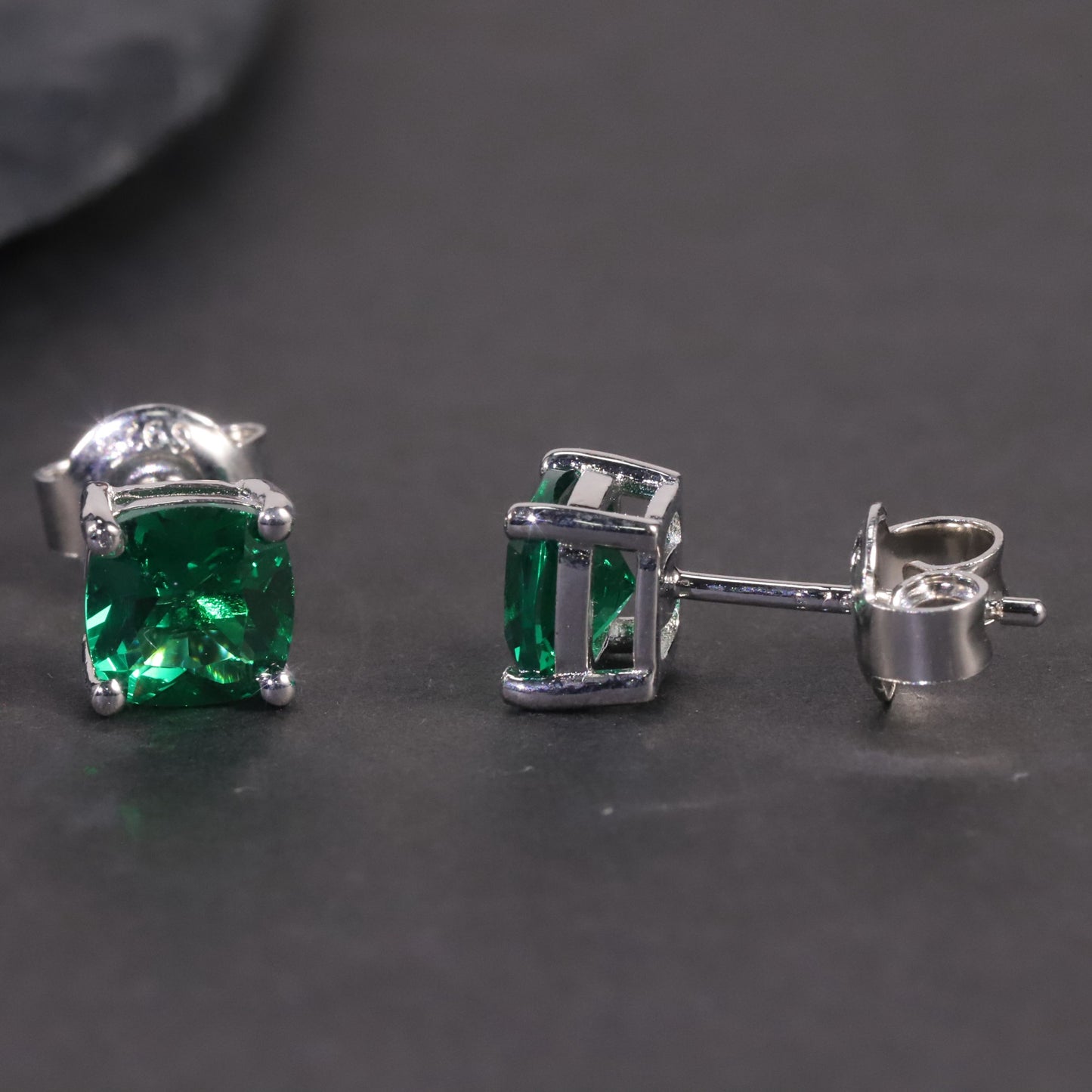 Cushion Cut Stud Earrings in Sterling Silver -  Emerald