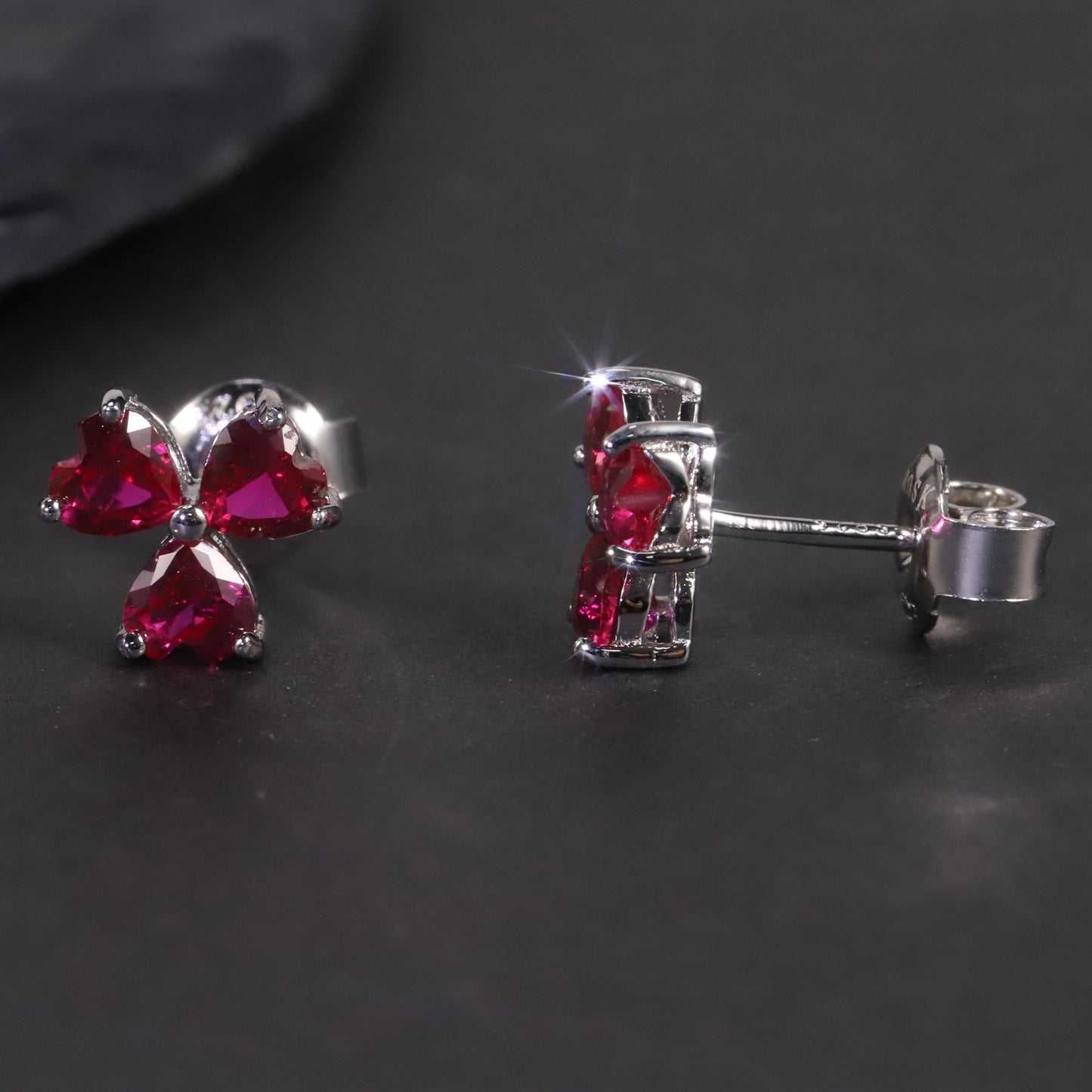 Flower Shape Stud Earrings in Sterling Silver -  Ruby