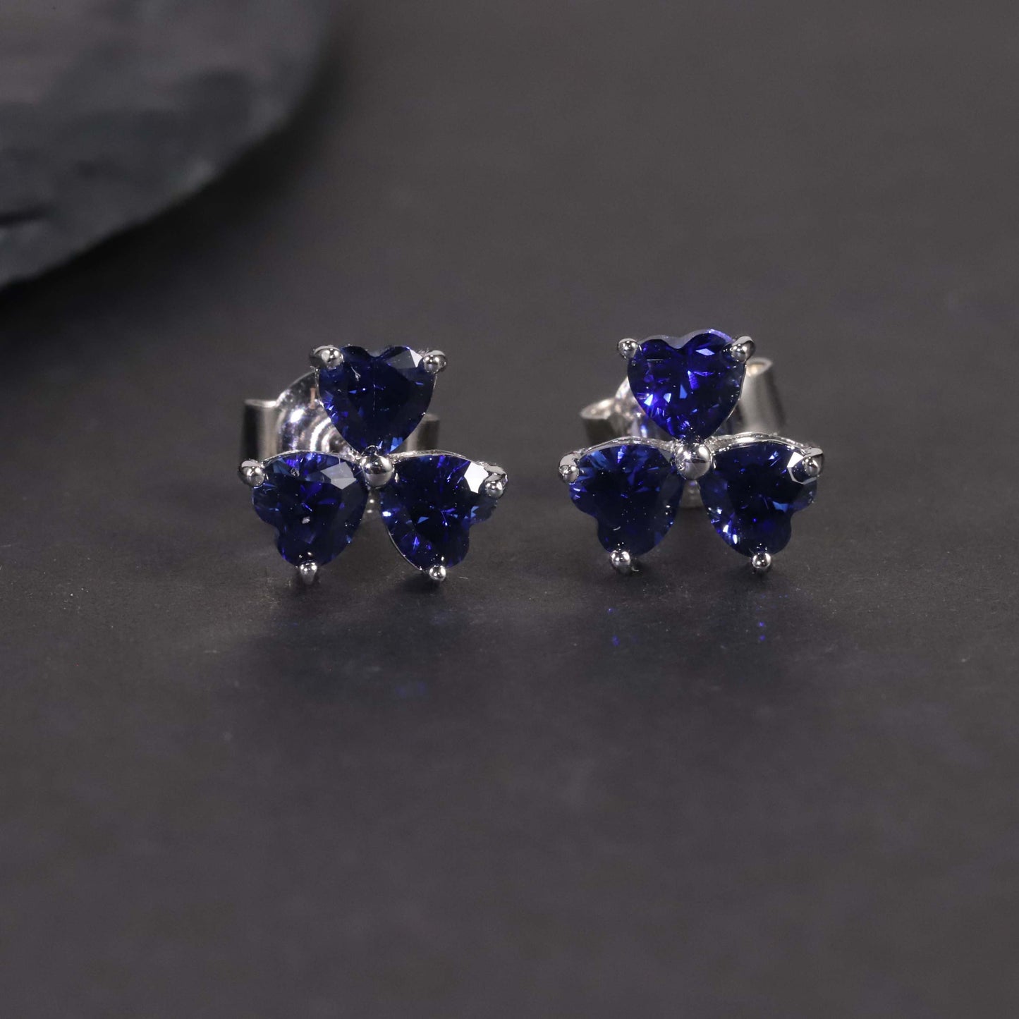 Flower Shape Stud Earrings in Sterling Silver -  Sapphire