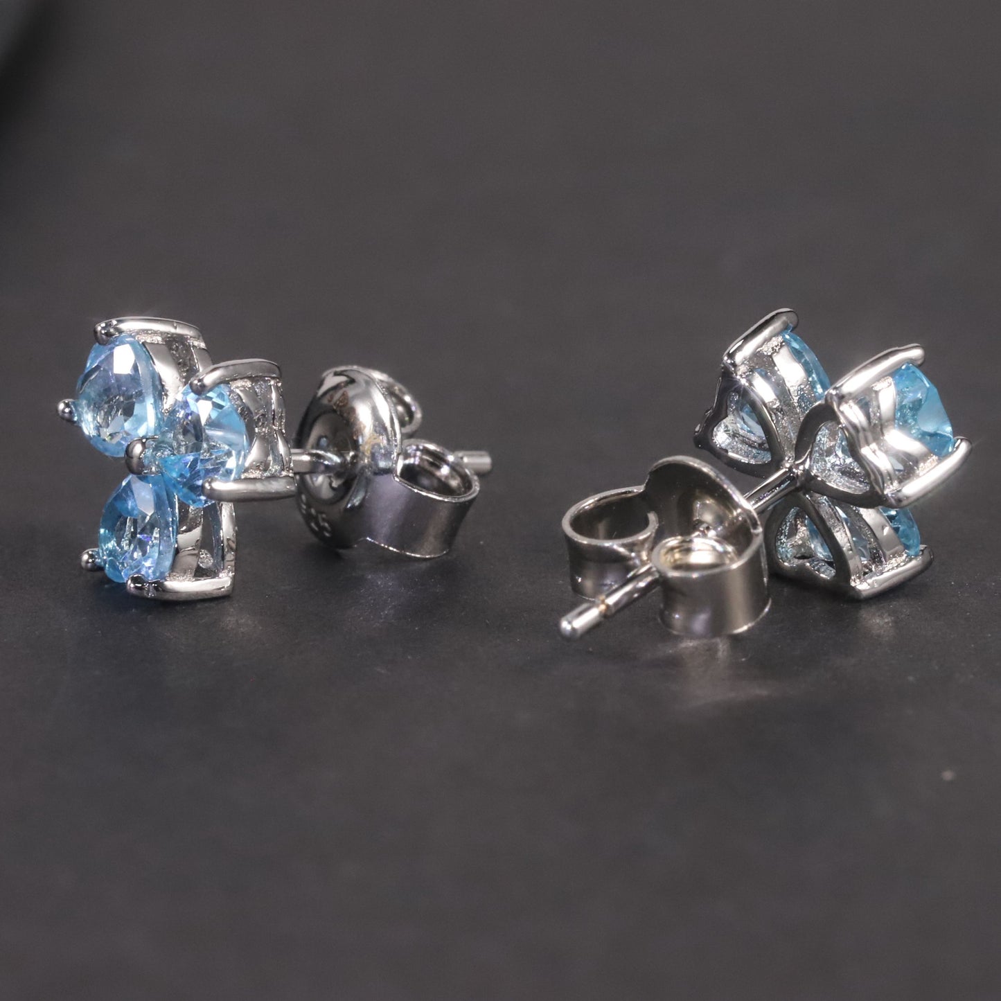 Flower Shape Stud Earrings in Sterling Silver -  Swiss Blue Topaz