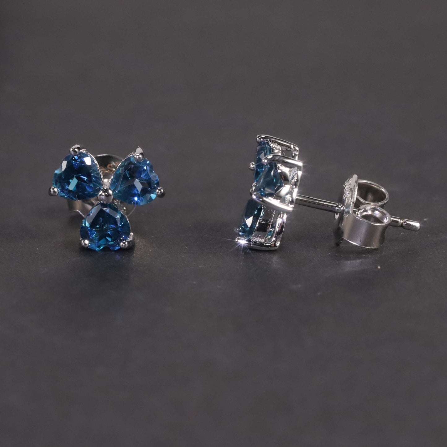 Flower Shape Stud Earrings in Sterling Silver -  London Blue Topaz