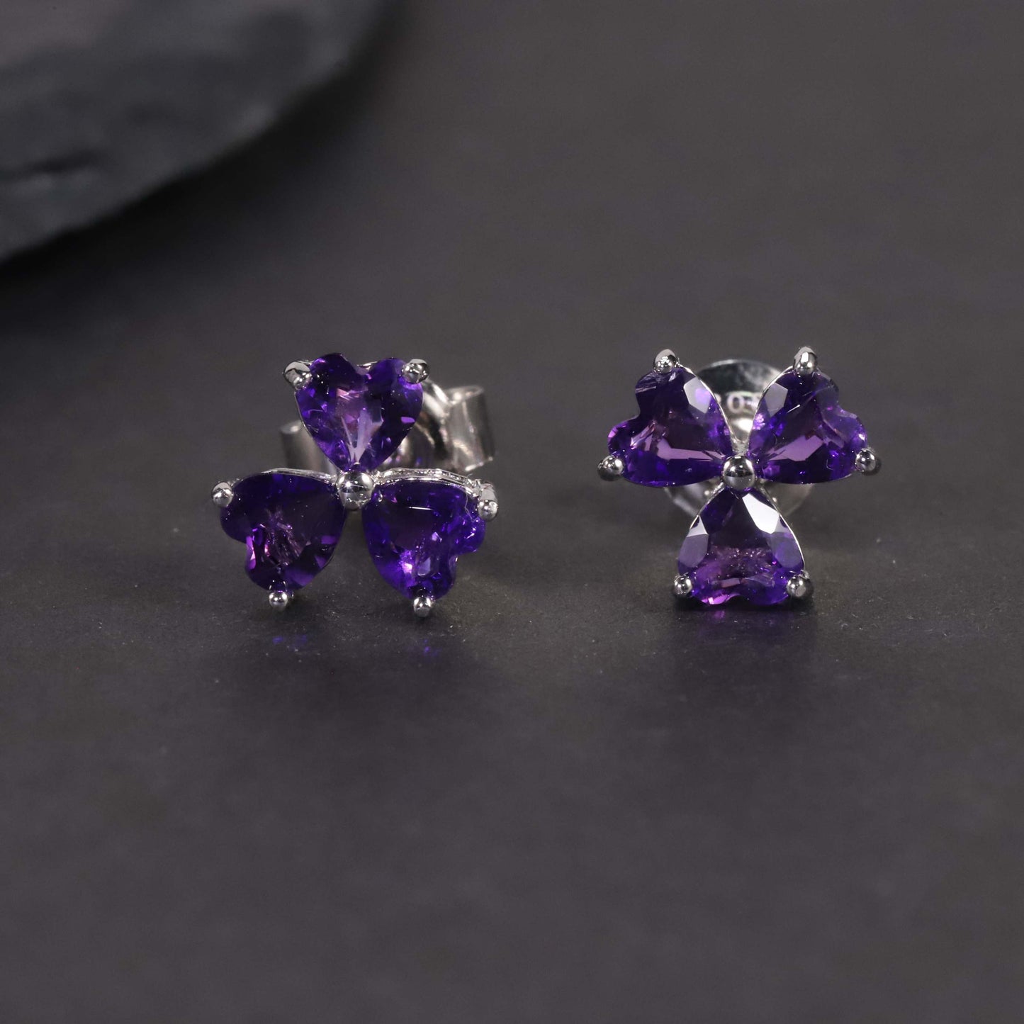 Flower Shape Stud Earrings in Sterling Silver -  Amethyst