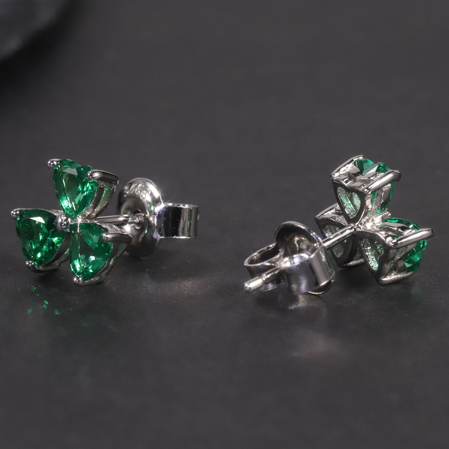 Flower Shape Stud Earrings in Sterling Silver -  Emerald