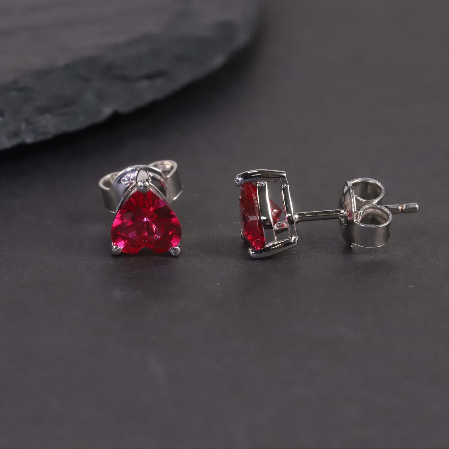 Heart Shape Stud Earrings in Sterling Silver -  Ruby