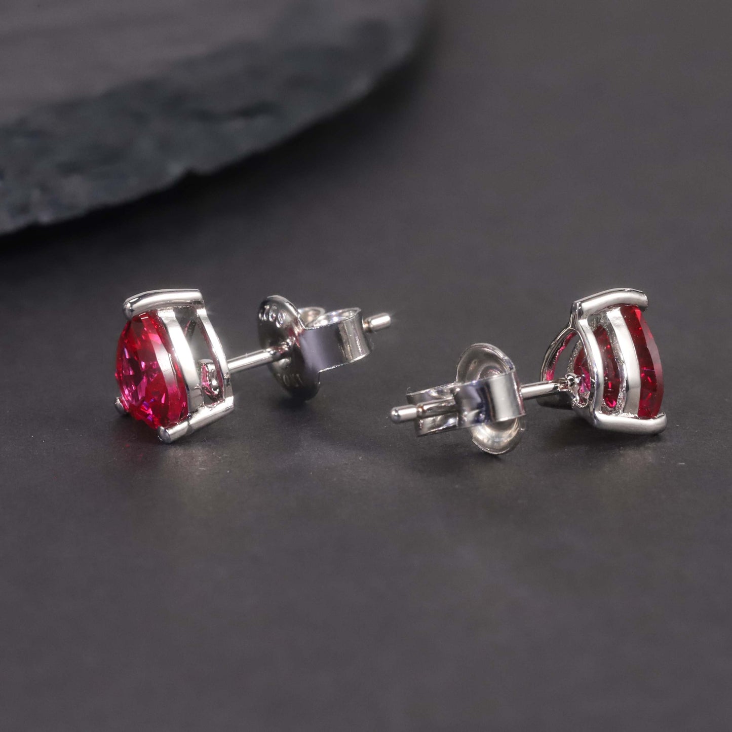 Heart Shape Stud Earrings in Sterling Silver -  Ruby