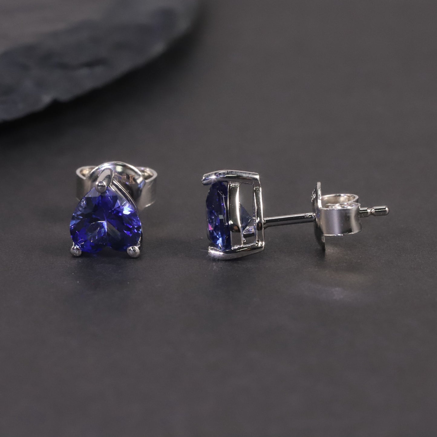 Heart Shape Stud Earrings in Sterling Silver -  Sapphire
