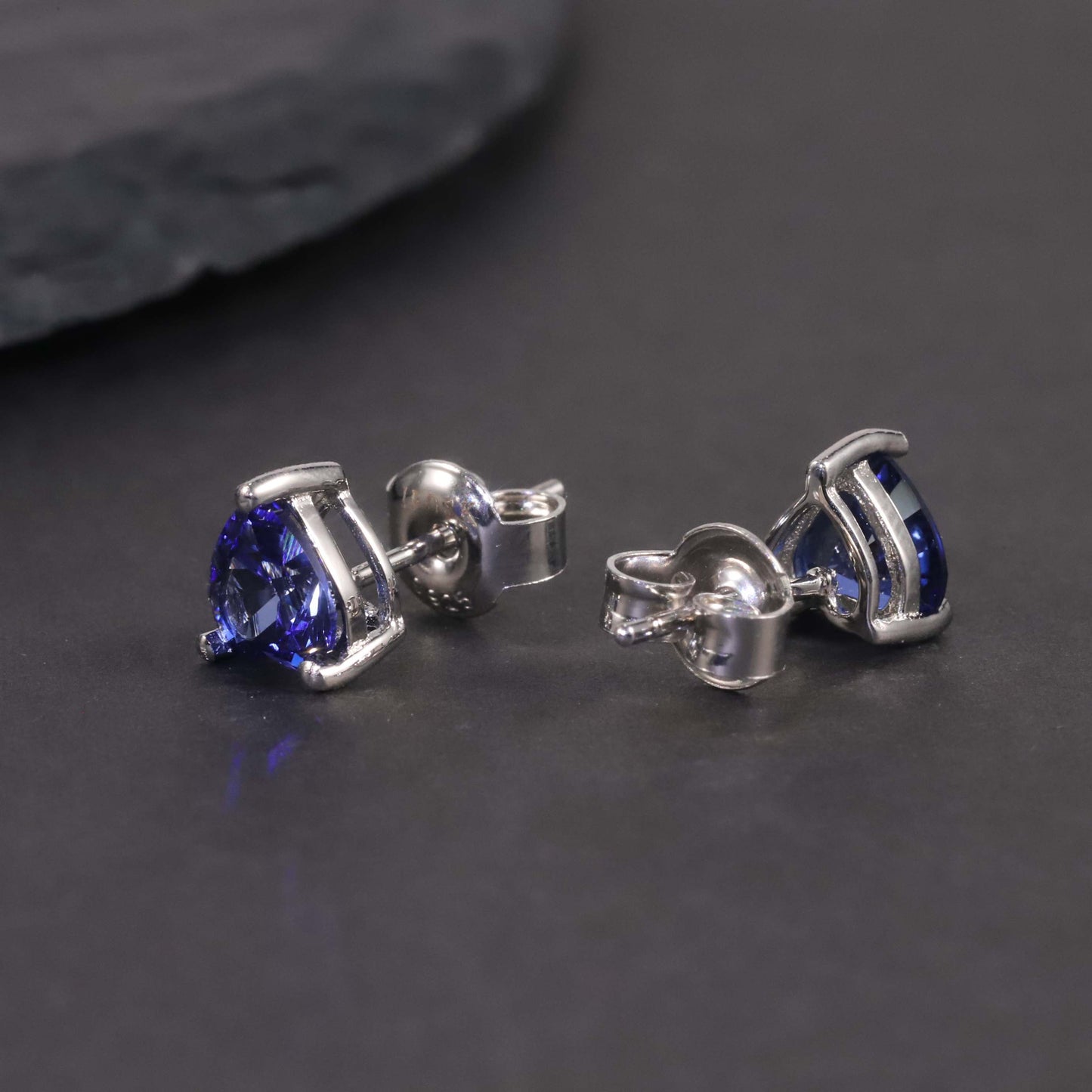 Heart Shape Stud Earrings in Sterling Silver -  Sapphire