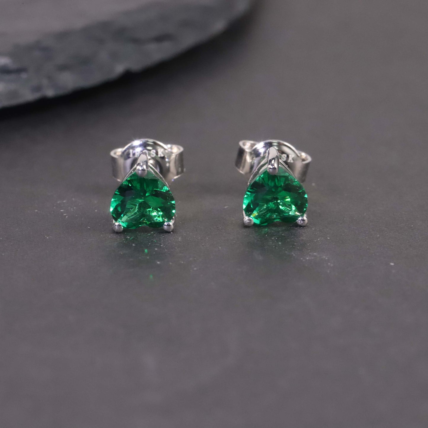 Heart Shape Stud Earrings in Sterling Silver -  Emerald