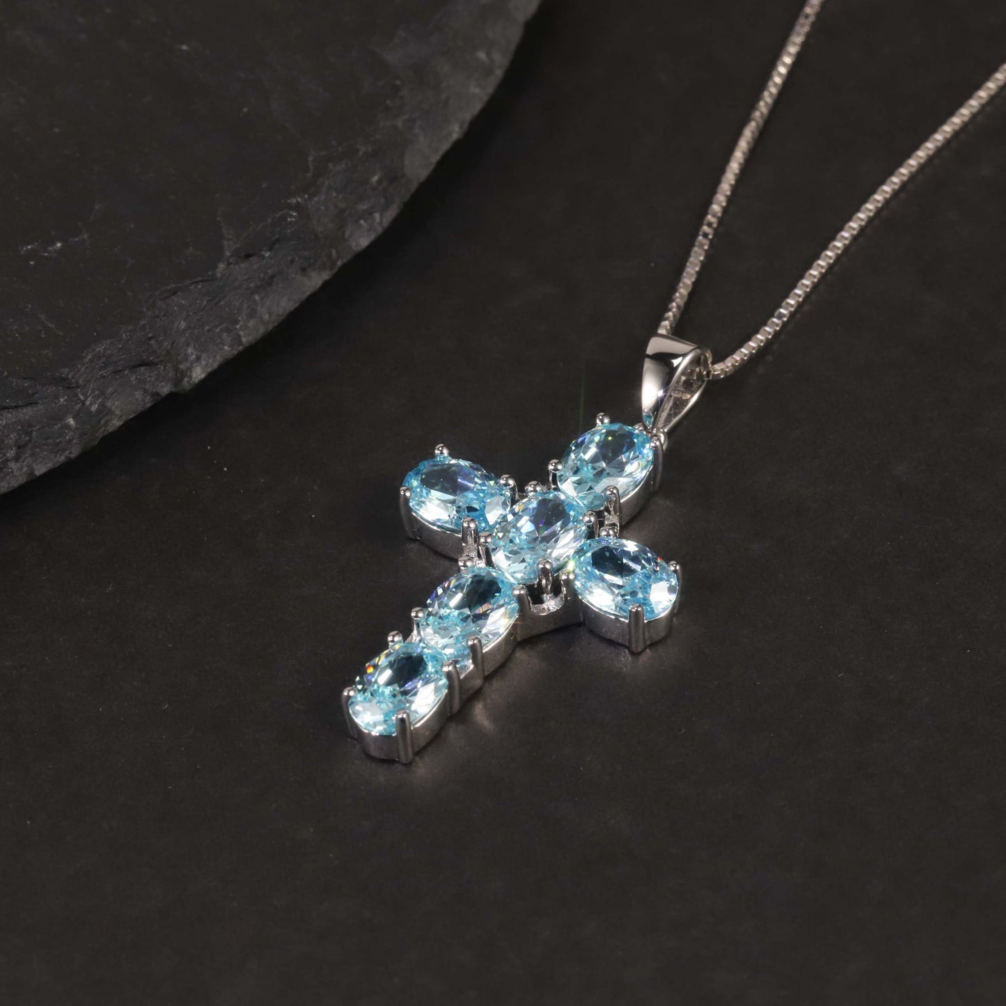 Cross Necklace in Sterling Silver -  Aquamarine