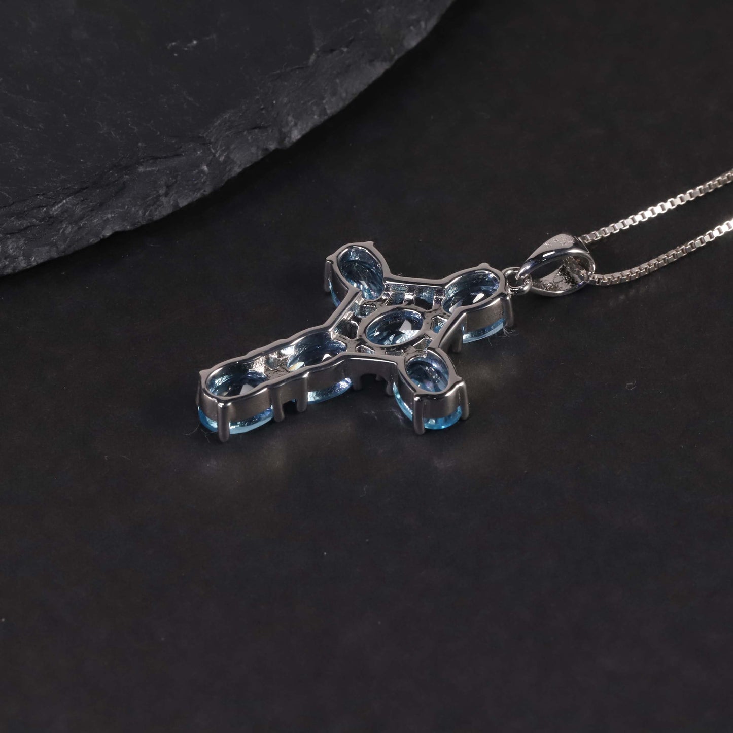 Cross Necklace in Sterling Silver -  Swiss Blue Topaz