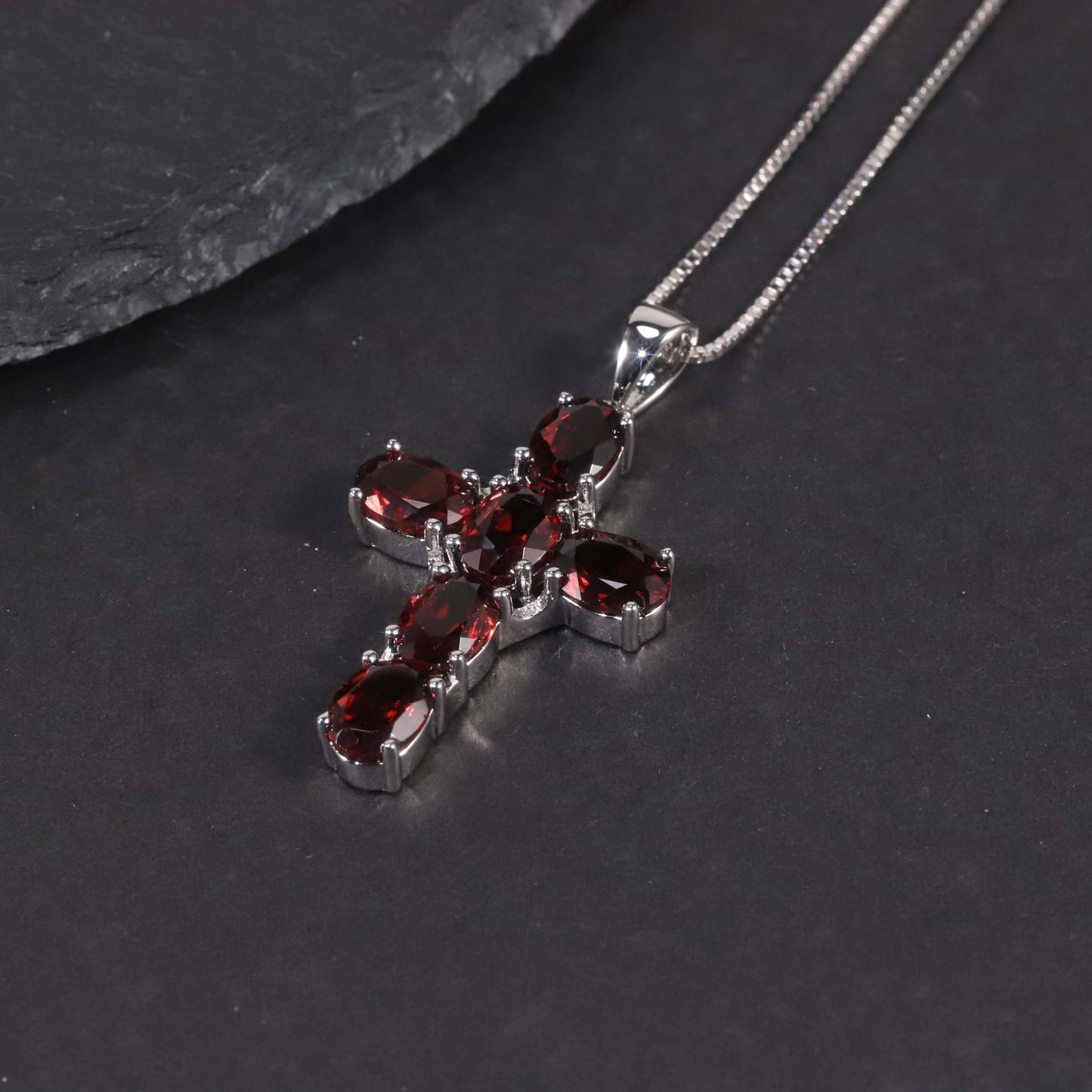 Cross Necklace in Sterling Silver -  Garnet
