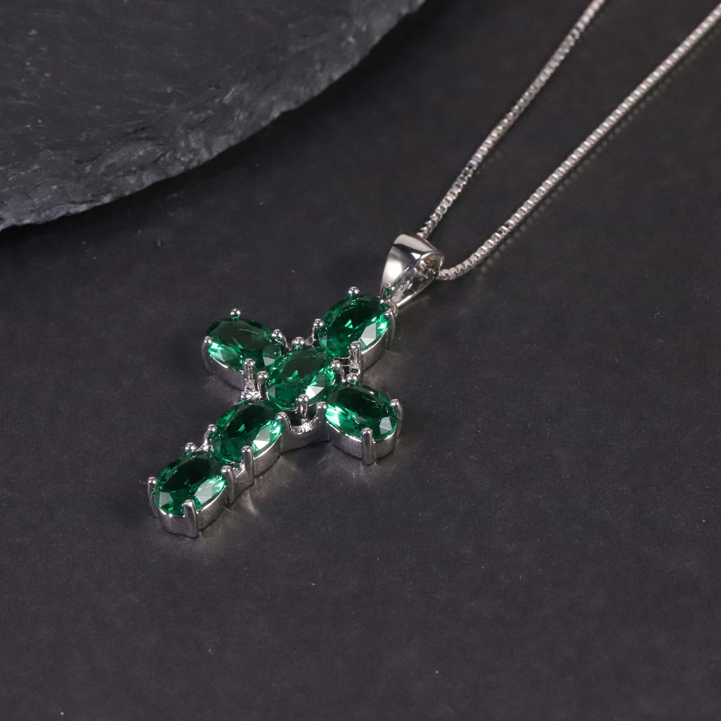Cross Necklace in Sterling Silver -  Emerald