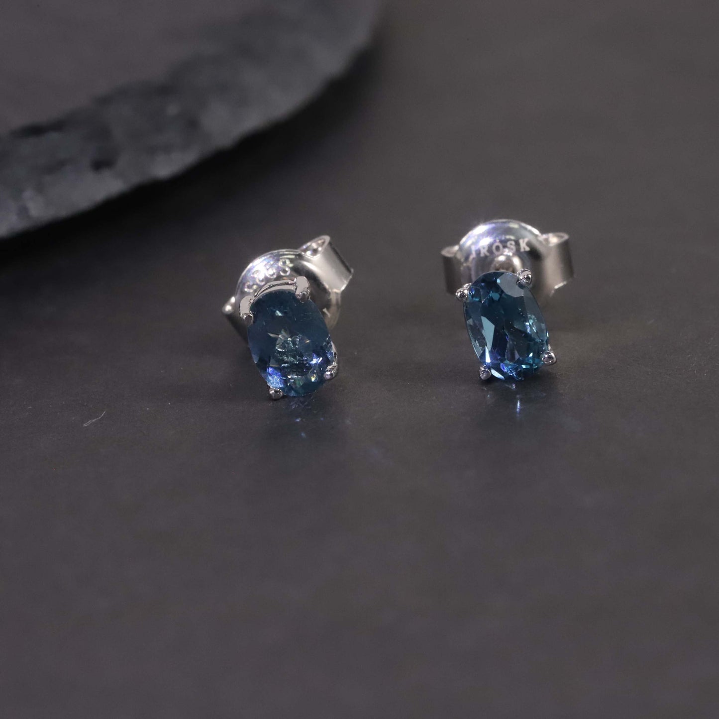Oval Cut Stud Earrings in Sterling Silver -  London Blue Topaz