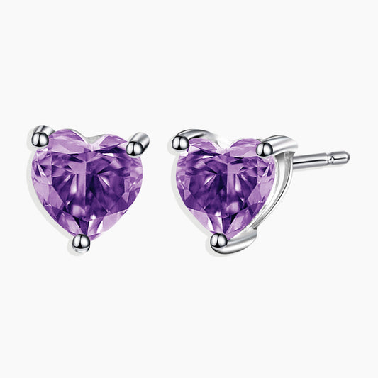 Heart Shape Stud Earrings in Sterling Silver -  Amethyst