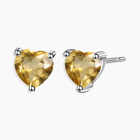 Heart Shape Stud Earrings in Sterling Silver -  Citrine
