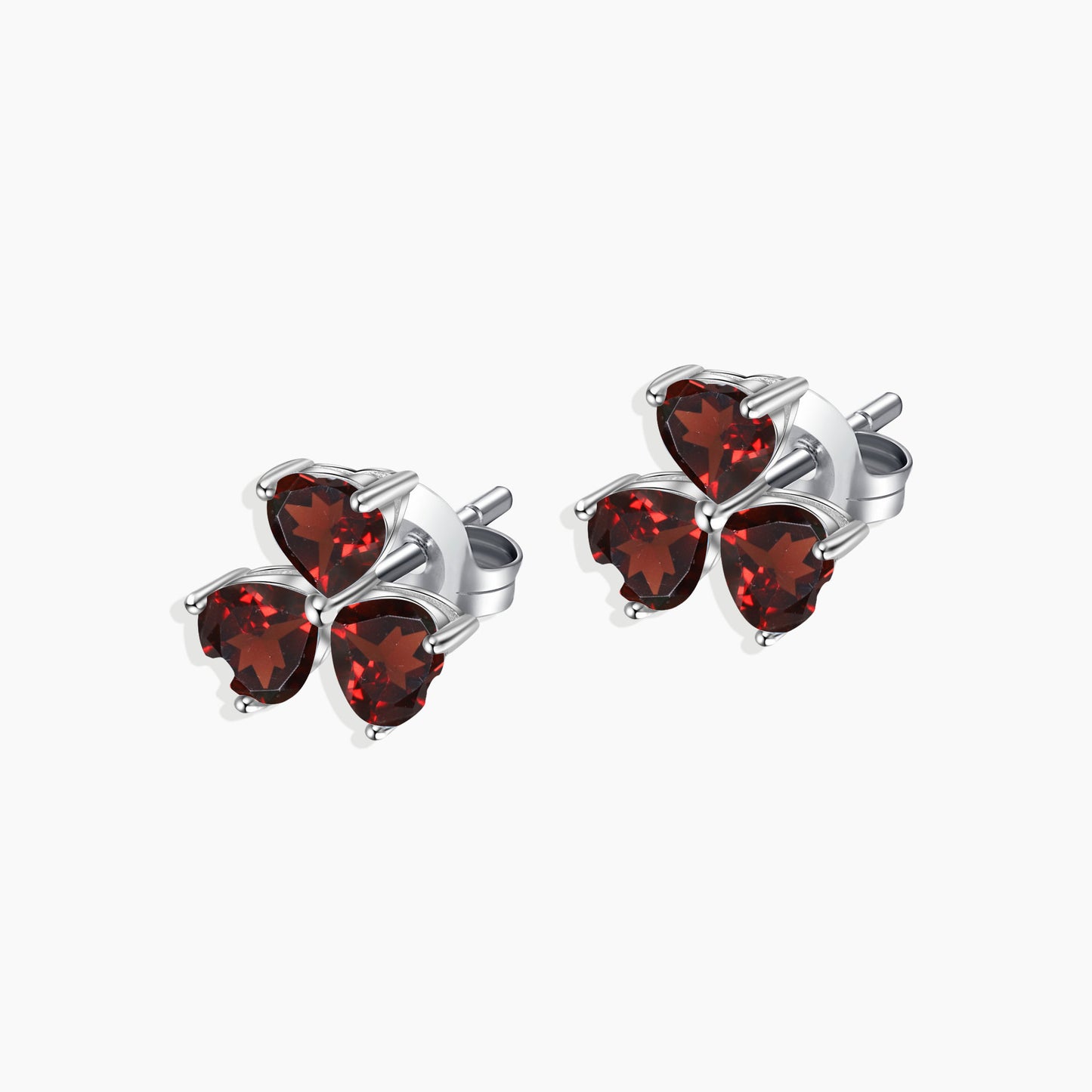 Flower Shape Stud Earrings in Sterling Silver -  Garnet