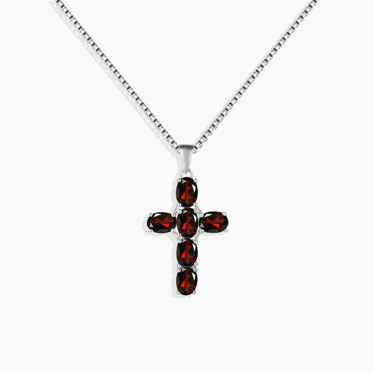 Cross Necklace in Sterling Silver -  Garnet