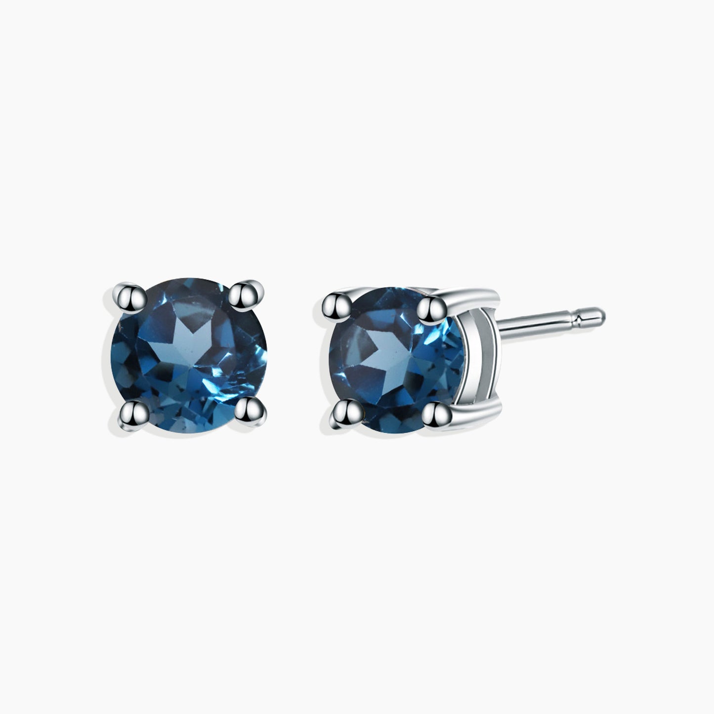 Round Cut Stud Earrings in Sterling Silver -  London Blue Topaz