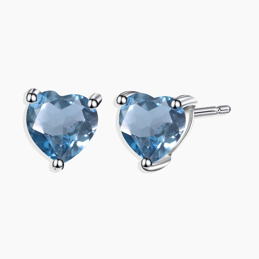 Heart Shape Stud Earrings in Sterling Silver -  London Blue Topaz